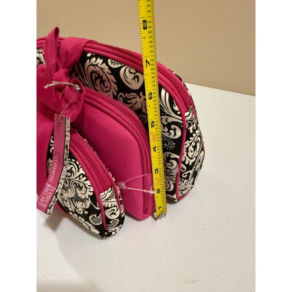 3 Piece Cosmetic Bag Set Hot Pink Black White Damask Travel Makeup Pouches NEW